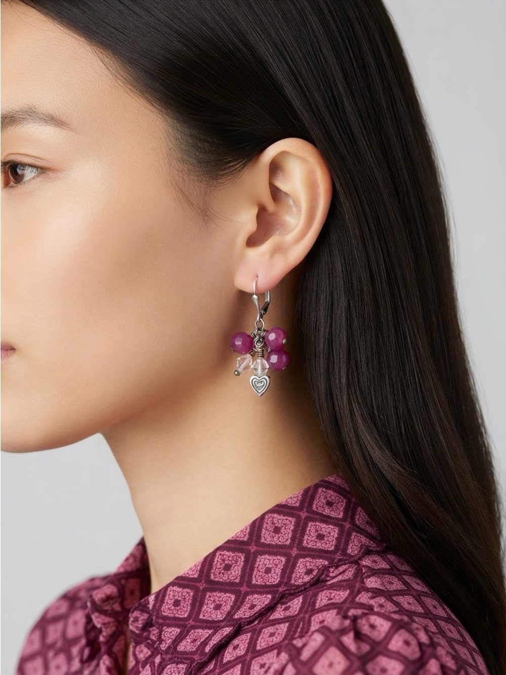 Pink Cluster Earrings w/ Heart Charm | Magenta Crystal Leverback